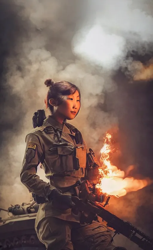 Prompt: portrait photo of a female and asian tank commander, highly detailed, smoke and flames in the background, high resolution, cosplay photo, stunning, girls frontline style, bokeh soft, shot on 90mm, zenithal lightning, trending on instagram, by award winning photographer, realistic human anatomy, real human faces, realistic military carrier, soldier clothing, modern warfare, she is shouting and pointing to front, shot with a professional camera, low saturation, soldier clothing