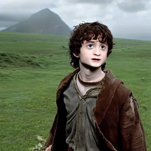 Prompt: Film still of a young Daniel Radcliffe as Frodo in Lord of the Rings: The Return of the King, wide shot, cinematic