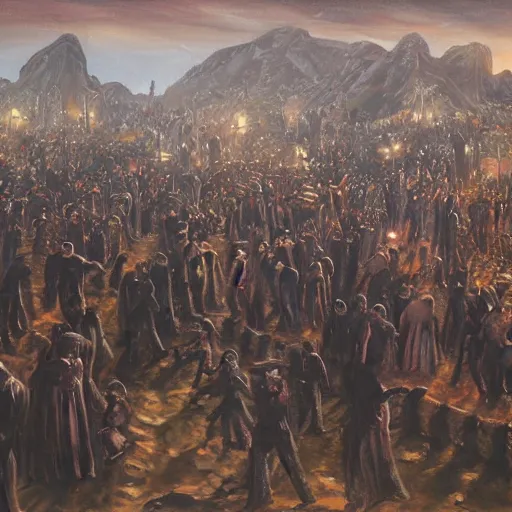 Prompt: Procession of the damned by Wayne Barlow, oil painting, detailed, clean brush strokes, wide angle, sinister horror