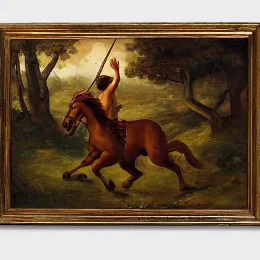 Image similar to A portrait of a centaur prancing, and shooting an arrow by a bow in a battle at golden hour, epic, fantasy, oil painting