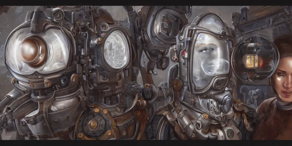 Image similar to highly detailed portrait painting of welder and angelina joile, mono eye window, symmetrical perfect eyes, by eddie mendoza and tyler edlin, 8 k resolution