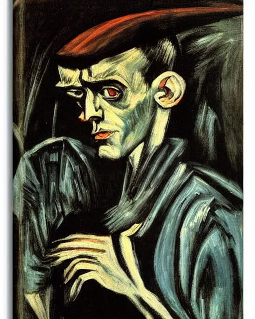 Image similar to Max Beckmann. El Greco. Van Gogh. Oil on canvas. Portrait of a demon.
