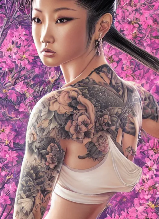 Prompt: portrait of Brenda Song as a young yakuza tattooed, defiant look attitude, cinematic lighting shadowing the push-up, ultra-detailed, sharp focus, highly detailed, sharp focus, golden background with flowers, photorealism, style of Hajime Sorayama, art by Hirothropologie , artgerm and Patrick DeMarchelier