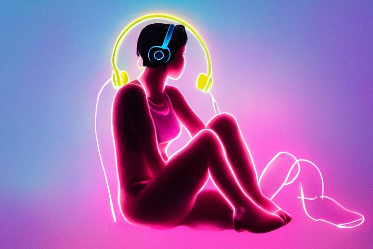 Image similar to a cute girl wearing headphones sitting on a cloud relaxing, misty, glows, digital painting, hazy, foggy, red lighting, ambient lighting, 8 k, neon, synthwave, cyberpunk,