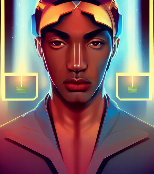 Image similar to symmetry!! egyptian prince of technology, solid cube of light, hard edges, product render retro - futuristic poster scifi, lasers and neon circuits, brown skin man egyptian prince, intricate, elegant, highly detailed, digital painting, artstation, concept art, smooth, sharp focus, illustration, dreamlike, art by artgerm