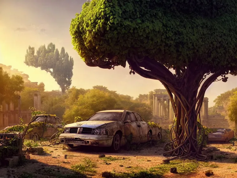 Image similar to a tree growing on a scrap car in ancient greek ruins, gray wasteland, many overgrown scrap cars, pillars and arches, colorful flowers, vines, cinematic, ray of golden sunlight, alphonse mucha, greg rutkowski, trending on artstation, artgerm, breathtaking, smooth, mark arian, award winning