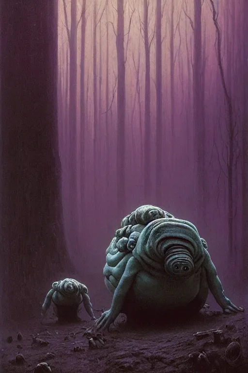 Prompt: painting of eldritch giant tardigrades striking a terrifying pose, scene inside forest, by zdzislaw beksinski, by dariusz zawadzki, by wayne barlowe, gothic, surrealism, cosmic horror, lovecraftian, cold hue's, warm tone gradient background, concept art, beautiful composition