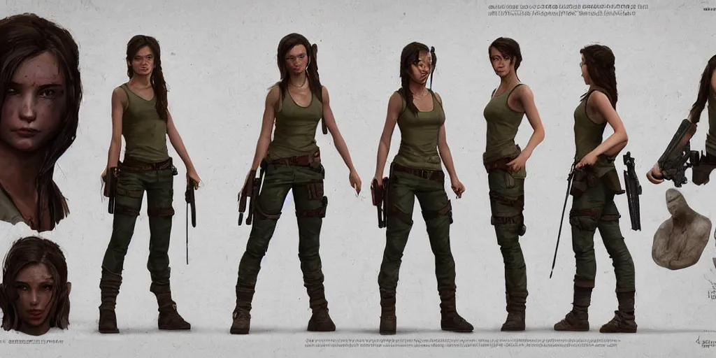 Image similar to young lara croft, character sheet, concept design, contrast, hot toys, kim jung gi, greg rutkowski, zabrocki, karlkka, jayison devadas, trending on artstation, 8 k, ultra wide angle, pincushion lens effect