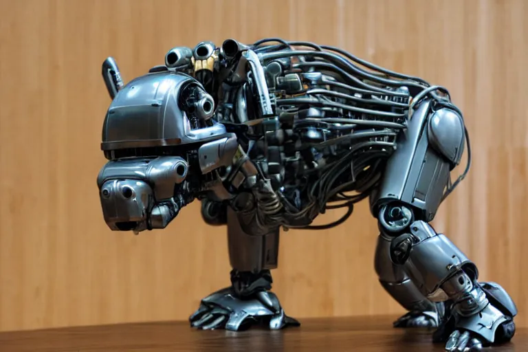 Image similar to a cyborg capibara. star trek movie footage, robocop, terminator, capibara robocop, capibara terminator, capibara humanoid robot, circuits, wires, tubes, transistors, machinery, mechanical, mecha, anime mecha, anime character design, evangelion capibara