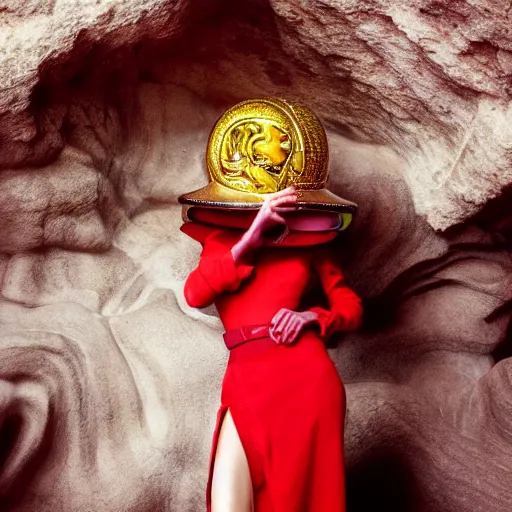 Image similar to female fashion model in year 3000 in a cave, model wearing a surreal Avant-garde helmet in red, dramatic lighting,photography , official Versace editorial , highly detailed