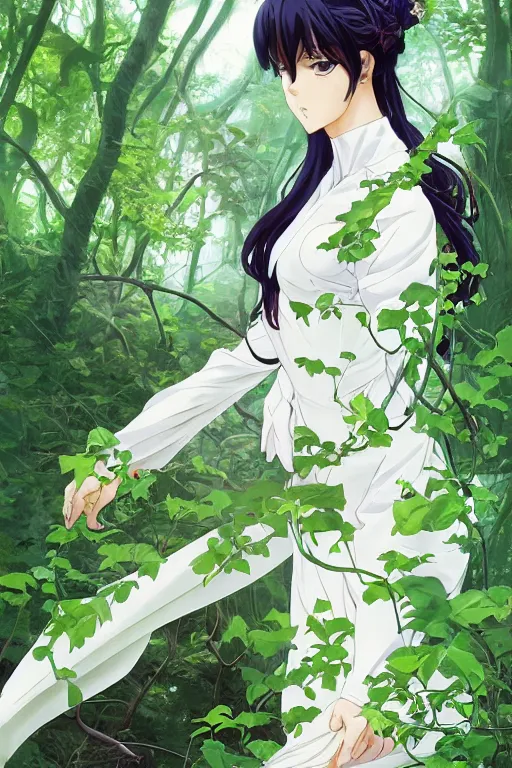 Prompt: anime key visual of a beautiful young lady cat!! in white silk clothing covered in vibrant green vines, intricate, magical forest, stunning, highly detailed, digital painting, artstation, smooth, hard focus, illustration, art by artgerm and greg rutkowski and alphonse mucha