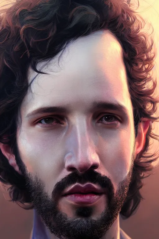 Image similar to ultra detailed close up facial portrait of bret mckenzie, extremely detailed digital painting, in the style of fenghua zhong and ruan jia and jeremy lipking and peter mohrbacher, mystical colors, rim light, beautiful lighting, 8 k, stunning scene, raytracing, octane, trending on artstation