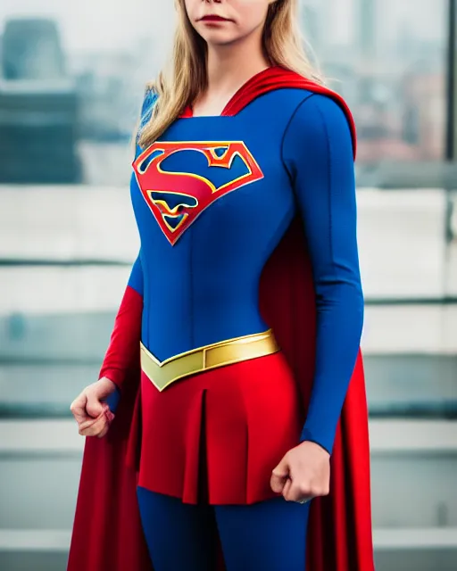 Image similar to high quality presentation photo of a cara delevigne as supergirl, photography 4k, f1.8 anamorphic, bokeh, 4k, Canon, Nikon