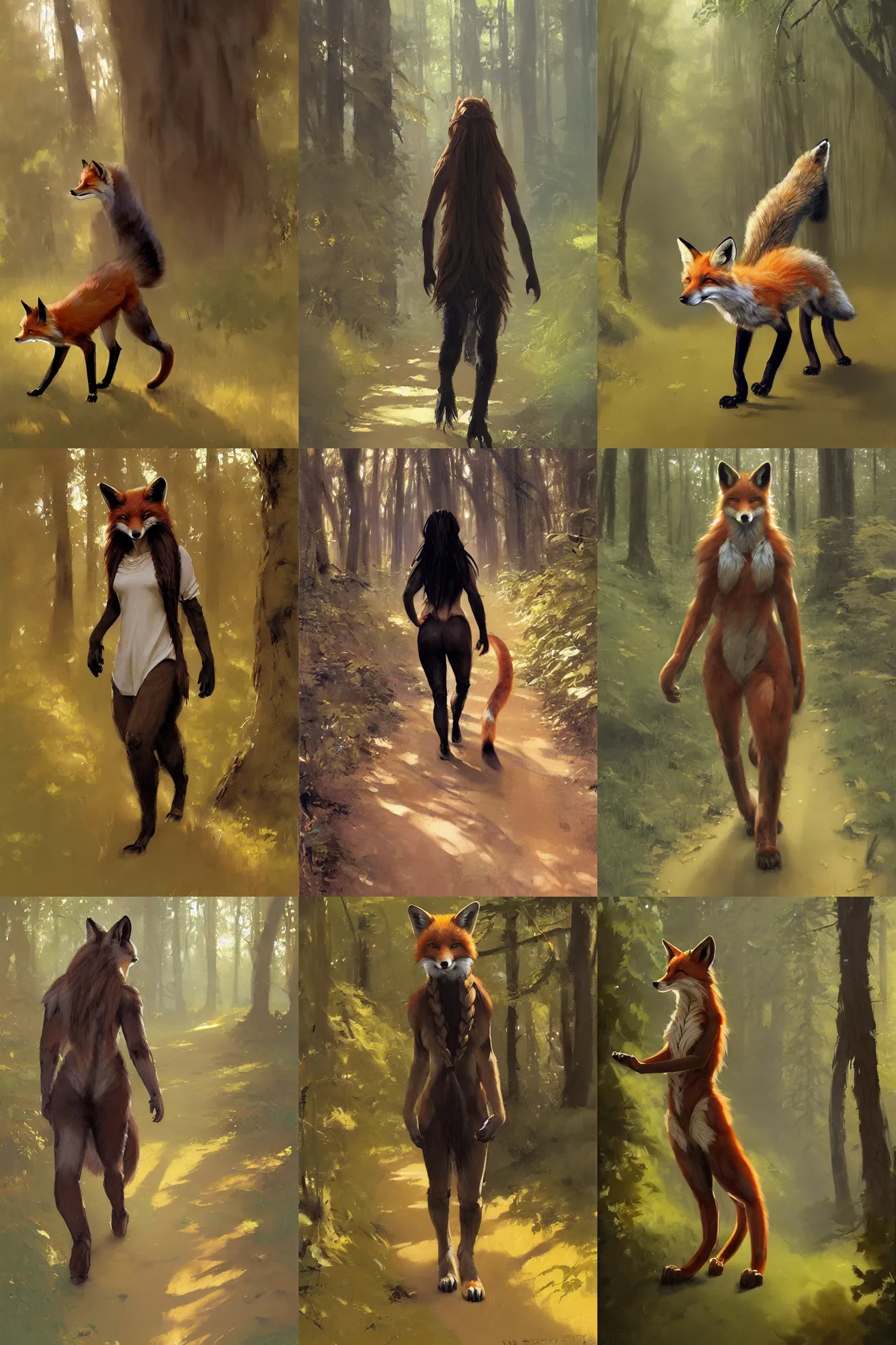 Prompt: anthro digitigrade natural - colored fox person with black paws and long braided hair, walking upright in a forest, greg rutkowski, gregory manchess