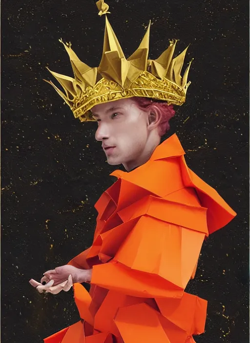 Image similar to handsome anthropomorphic origami prince made out of paper wearing a firey red and orange tissue paper with a golden crown and a black prince tuxedo by Prada. bubbling pools of lava in the crater of a volcano. ethereal, fantasy, Lawrence Alma-Tadema, James Jean, oozium, peter morbacher, angelarium, alchemy, luxury, heavenly light, Soft illumination, Trending on artstation, Cinematic Lighting, very detailed, 3D, octane render, artgerm