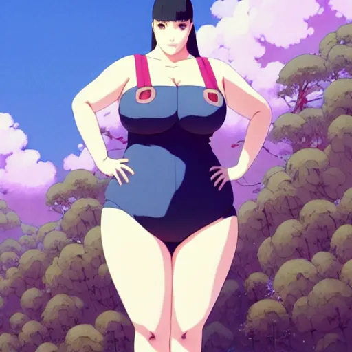 Image similar to a beautiful plus sized model japanese natalie portman, alluring plus sized model, wearing mayan leotard with overalls, street fashion hip hop style with mayan patterns, aztec street fashion, gapmoe yandere grimdark, trending on pixiv fanbox, painted by greg rutkowski makoto shinkai takashi takeuchi studio ghibli, akihiko yoshida