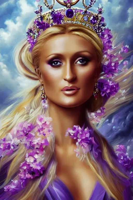 Image similar to closeup portrait fine art photo of the beauty paris hilton, she has a crown of stunning flowers and dress of purple satin and gemstones, background full of stormy clouds, by peter mohrbacher