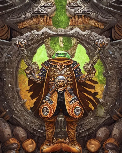 Prompt: digital painting of a gigantic aztec frog warrior wearing ornate armor by filipe pagliuso and justin gerard, symmetric, fantasy, detailed, intricate, portrait, sharp focus, tarot card, handsome, gwent