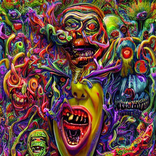 Image similar to a high hyper - detailed painting with complex textures of the face of contradictions in fusion, when determinism and the indeterminate play strange syntheses awakening chaotic, deformed beings and rebellious monsters made of candies and psychotropic psychoactive substances psychedelic fulcolor spiritual chaos surrealism horror bizarre psycho art