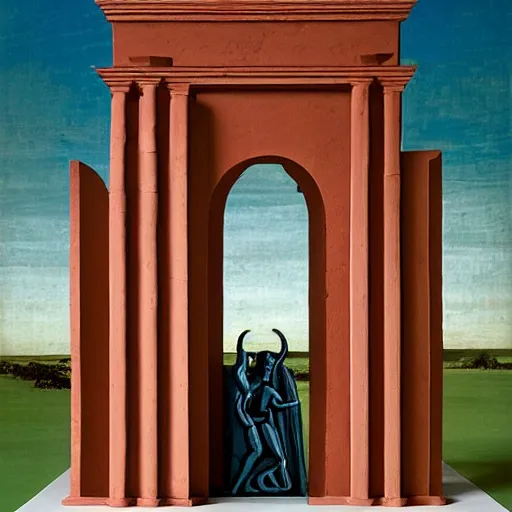 Image similar to evocative play doh, mesoamerican by piero della francesca. in the center of the sculpture is a large gateway that seems to lead into abyss of darkness. on either side of the gateway are two figures, one a demon - like creature, the other a skeletal figure.