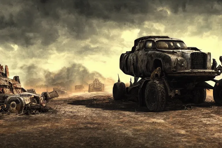 Image similar to ultra realist 3d soft paint of a single gothic four wheel vehicle fully armored, Mad Max and Fallout, symmetry accurate features, very intricate details, ominous sky, volumetric light clouds, post apocalyptic background