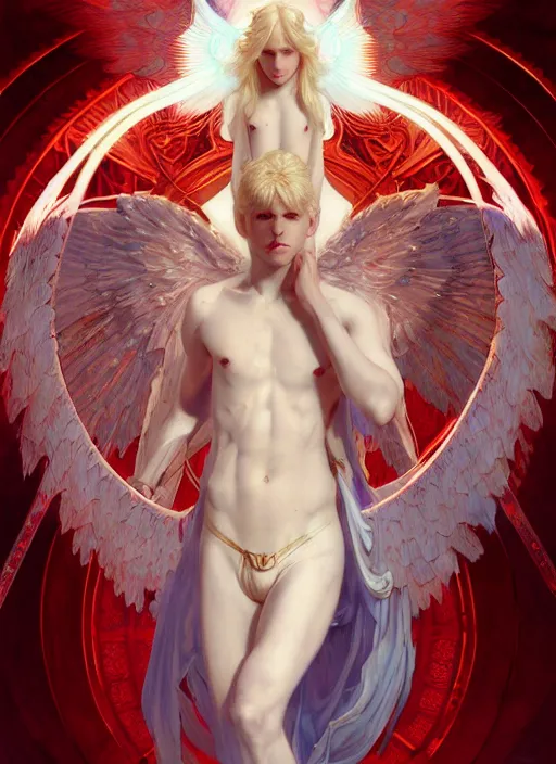 Image similar to the pale blond male angel of battle lucius smirking, sci fi, glowing eyes, volumetric lights, red and cyan theme, art nouveau botanicals, intricate, highly detailed, digital painting, artstation, concept art, smooth, sharp focus, cinematic, illustration, beautiful face, art by artgerm and greg rutkowski and alphonse mucha