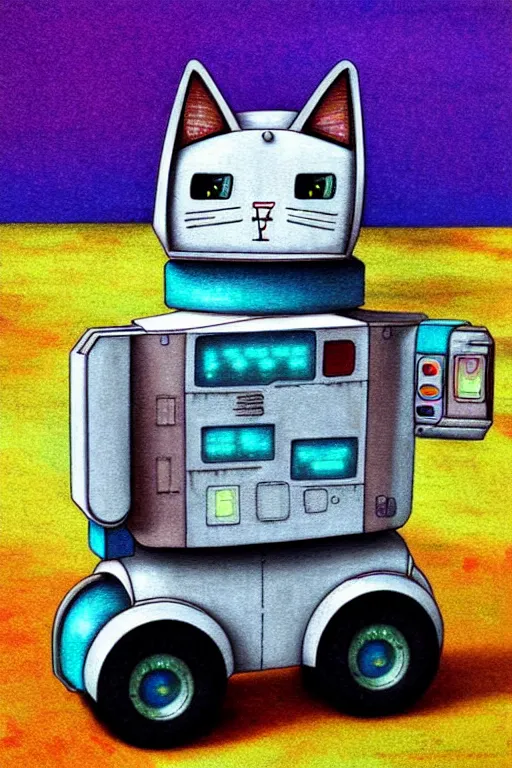 Prompt: ( ( ( ( ( ( ( a robot cat riding a cyber wagon ) ) ) ) ) ) ) by chris mcgrath!!!!!!!!!!!!!! muted colors, detailed