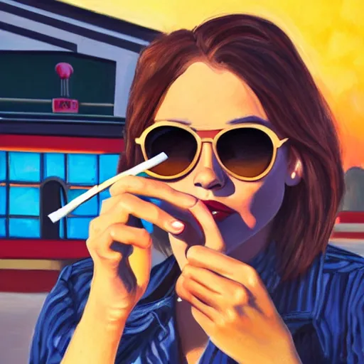 Prompt: young woman with brown hair smoking a cigarette with sunglasses in front of a movie theater at sunset painting high details