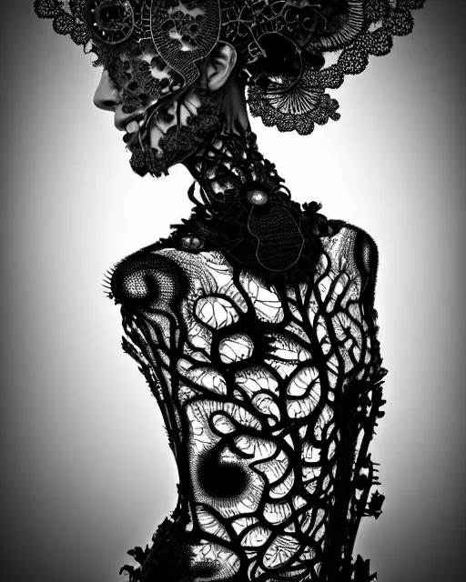 Image similar to surreal black and white photo portrait of complex bio-mechanical beautiful young female vegetal-cyborg with a Mandelbrot fractal steampunk metal fine lace face, a very long neck and a fine metal floral foliage super big lace collar by Alexander McQueen:: smoke, high fashion, haute couture, rococo, steampunk, silver filigree details, anatomical, facial muscles, cable wires, microchip, elegant, dreamy, foggy atmosphere, hyper realistic, 150 mm lens, soft rim light, octane render, unreal engine, picture was taken in 1910 by Man Ray, volumetric lighting, dramatic light,8k,