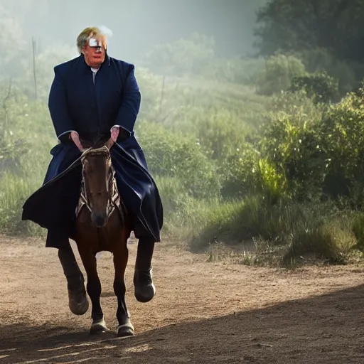 Prompt: fat version of donald trump riding a horse as geralt of rivia from the witcher movie, dramatic film still, details, sigma 7 5 mm, 4 k