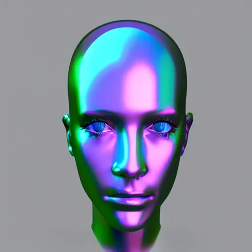 Image similar to 3d render of holographic human robotic head made of glossy iridescent, surrealistic 3d illustration of a human face non-binary, non binary model, 3d model human, cryengine, made of holographic texture, holographic material, holographic rainbow, concept of cyborg and artificial intelligence