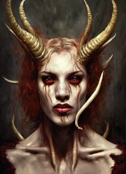 Image similar to half demon half human intricate skin hairy costume, elegant, peaceful, full body, horns, hyper realistic, extremely detailed, dnd character art portrait, fantasy art, intricate fantasy painting, dramatic lighting, vivid colors, deviant art, artstation, by edgar maxence and caravaggio and michael whelan and delacroix.