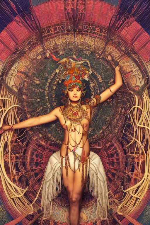 Image similar to an immaculate render of a tribal goddess adorned with leaves and cables and bird wings posing in a temple surrounded by wild tentacles made from mandalas and incense smoke, full body, perfect face, powerful, cinematic, beautifully lit, by artgerm, by alphonse mucha, by karol bak, 3 d, trending on artstation, octane render, 8 k