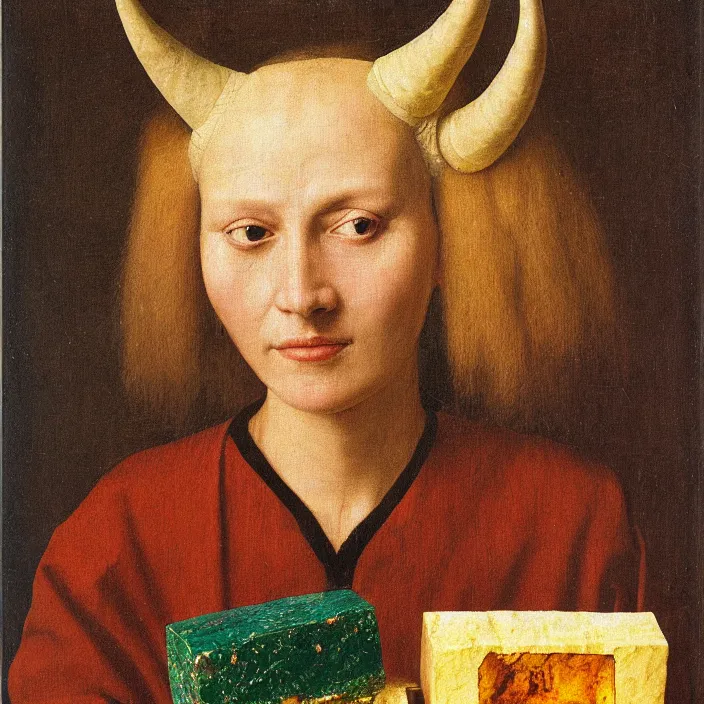 Image similar to a closeup portrait of a horned woman, holding up a block of iridescent tofu, tofu block, tofu cubes, by jan van eyck