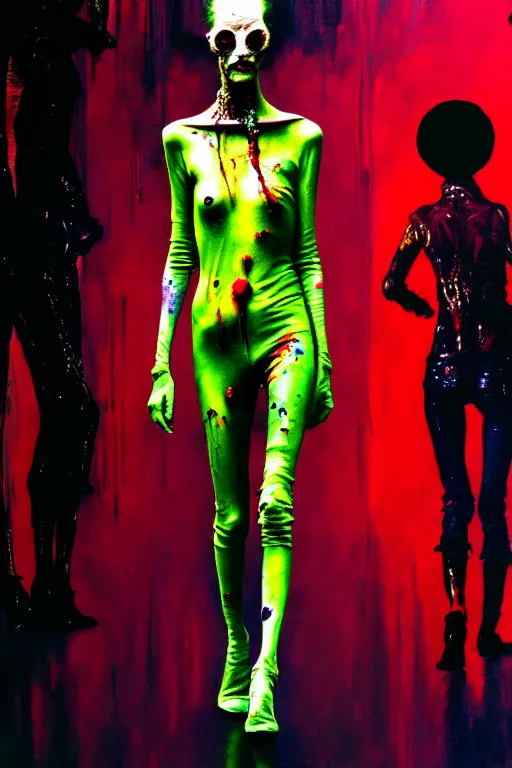 Image similar to crazy fashion catwalk, one model, crazy clothes, biopunk style, horror, clothes look like slime, hauntingly surreal, highly detailed painting by francis bacon, edward hopper, adrian ghenie, gerhard richter, and james jean soft light 4 k,