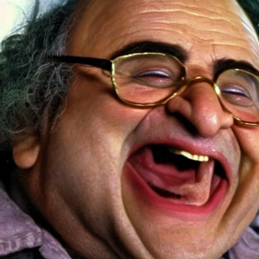 Image similar to the lord of the ring gimili played by danny devito laughing directed by peter jackson film still face close up dramatic lighting