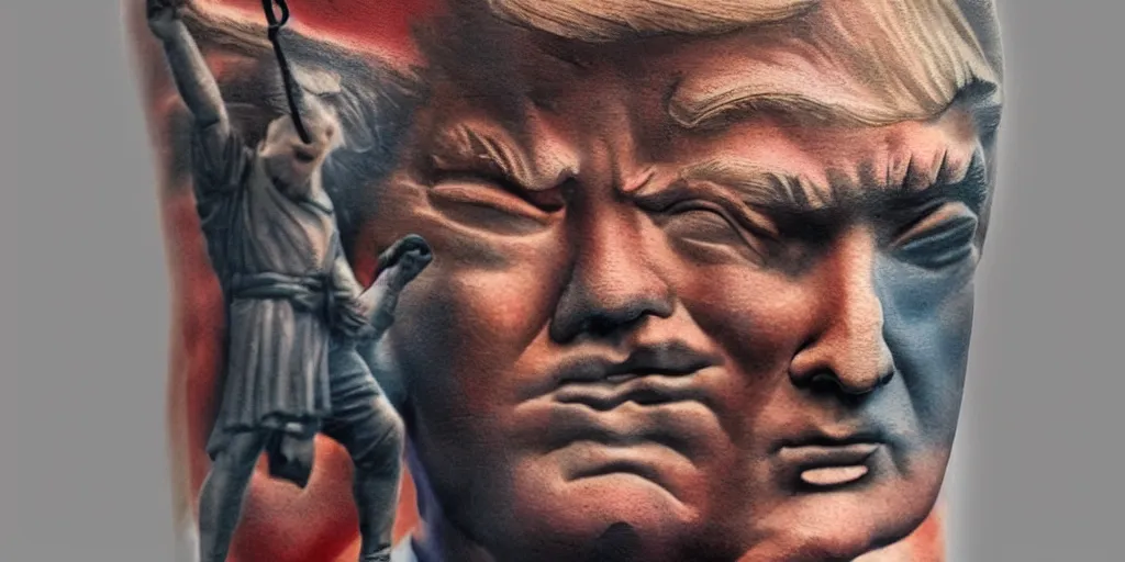 Image similar to man with trump tattoo mystical statue woman, highly detailed, 8 k, masterpiece, super resolution.