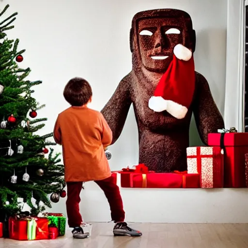 Image similar to a kid at christmas disappointed and sad that his present was a giant moai statue | inside of a house next to a christmas tree