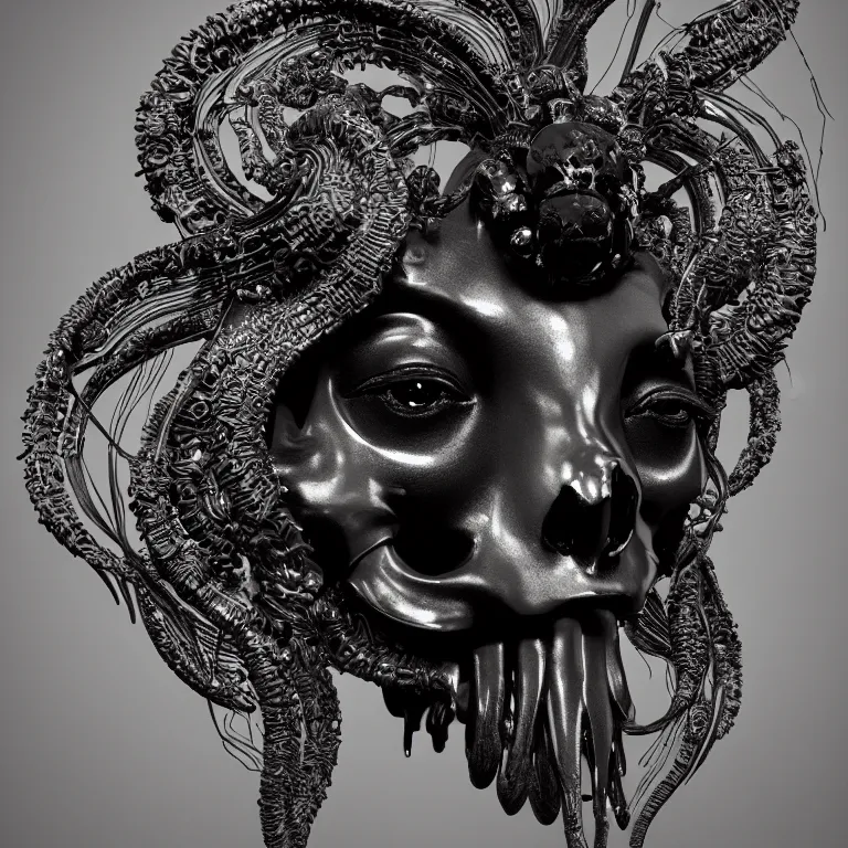 Image similar to black background. absolutely symmetrical sculpture. centered. goddess princess face close-up portrait ram skull. sculpture made of gold and black charcoal. jellyfish phoenix head, nautilus, orchid, skull, betta fish, bioluminiscent creatures, intricate artwork by Tooth Wu and wlop and beeple. octane render, trending on artstation, greg rutkowski very coherent symmetrical artwork. cinematic, hyper realism, high detail, octane render, 8k