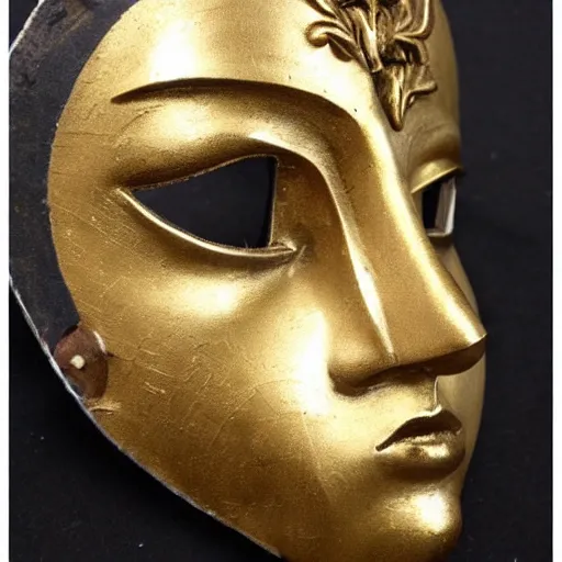 Image similar to gorgeous actor mask, cinema vintage camera model, clapperboard statue with gold filigree + carved marble