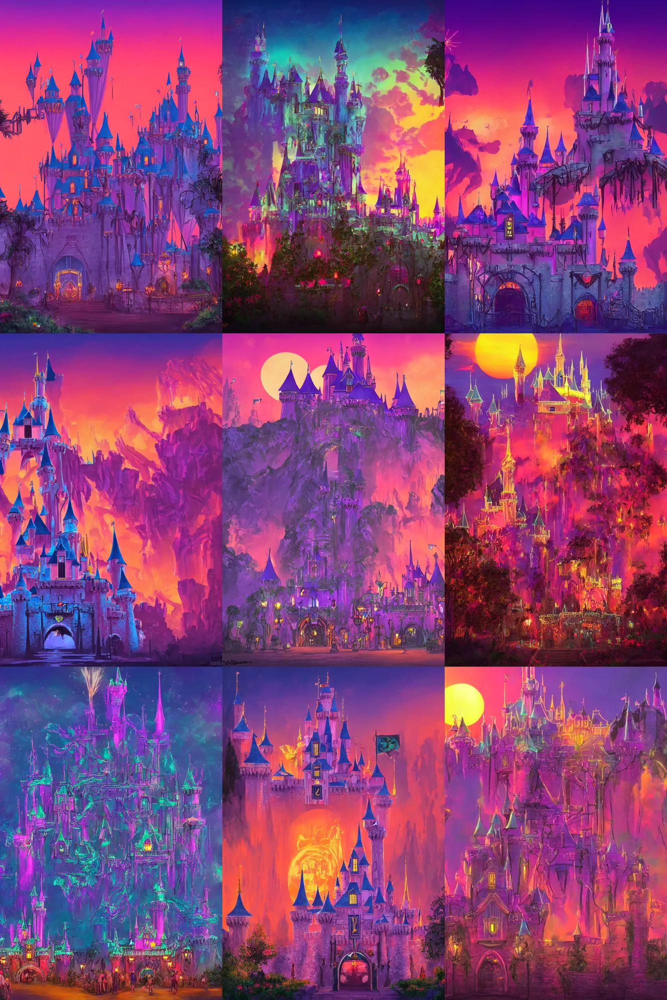 Prompt: concept art of disneyland castle, synthwave, sunset, fireworks, neon