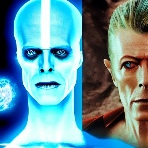 Image similar to film still of David Bowie as Dr. Manhattan in Watchmen, 4k