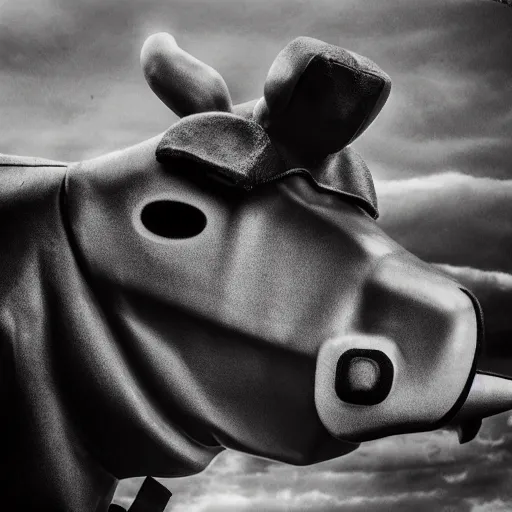 Image similar to a highly detailed ultra realistic photograph of a cow dressed in a fighter jet jumpsuit and mask