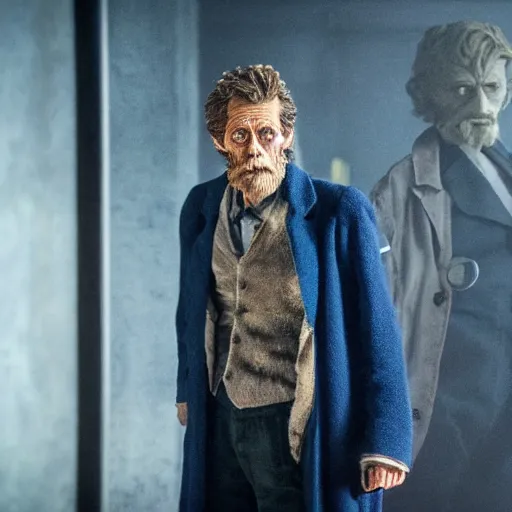 Prompt: willem dafoe as a rough dirty old man with a scruffy beard in a dark blue trenchcoat as the new doctor who, cinematic, volumetric lighting, f 8 aperture, cinematic eastman 5 3 8 4 film, photorealistic