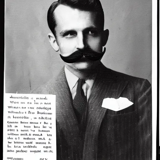 Prompt: newspaper photo from 40s of a stern looking slim medical doctor with a regualar mustache and sidecut hair toupet