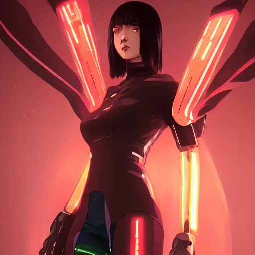 Image similar to anime cyberpunk movie still the godfather, beautiful full body female android cyborg - angel, glowing red left eye and glowing blue right eye, cinematic lighting, advanced digital cyberpunk art, wlop, rossdraws sakimimichan, ilya kuvshinov, krenz cushart, greg rutkowski - c 1 2