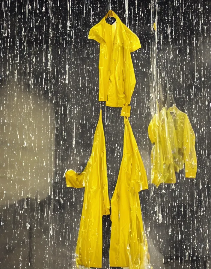 Image similar to a lone yellow zara raincoat flying hanging mid - air on a glittering rainy display designed by james terrell, we anderson, symmetry, rule of thirds