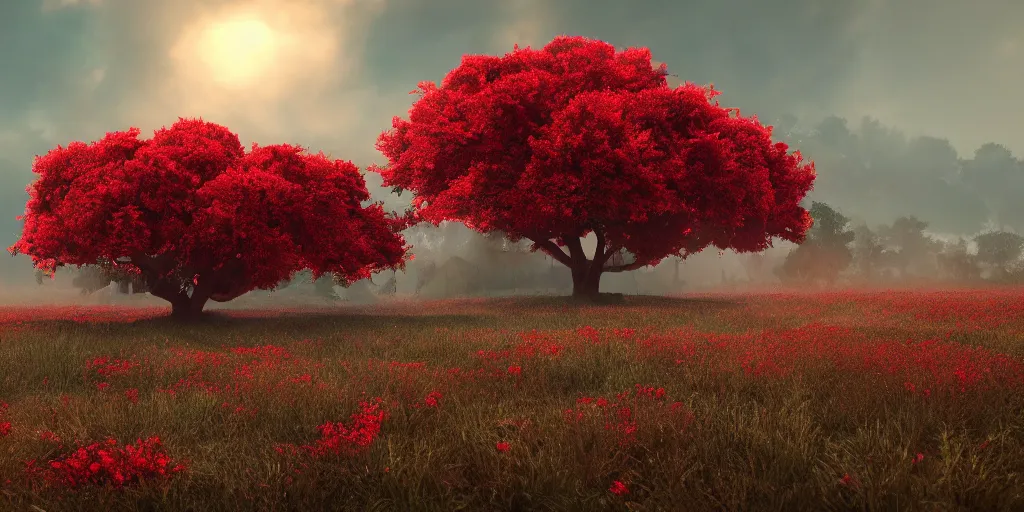 Image similar to a big red tree in the middle of a battlefield near a bunch of red flowers at sunrise, hyperrealistic, concept art, octane render, unreal engine 5, trending on Artstation, high quality, 8K, dramatic lighting, cinematic, high coherence, highly detailed, Midjourney style, epic scene, path traced, low contrast, complementary colors