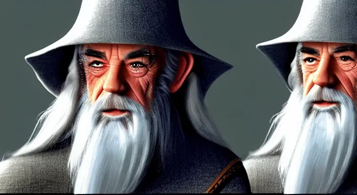 Prompt: sean connery playing gandalf in lord of the rings ( 2 0 0 1 ), award winning character art, by various concept artists, hyperrealistic face, photorealistic render