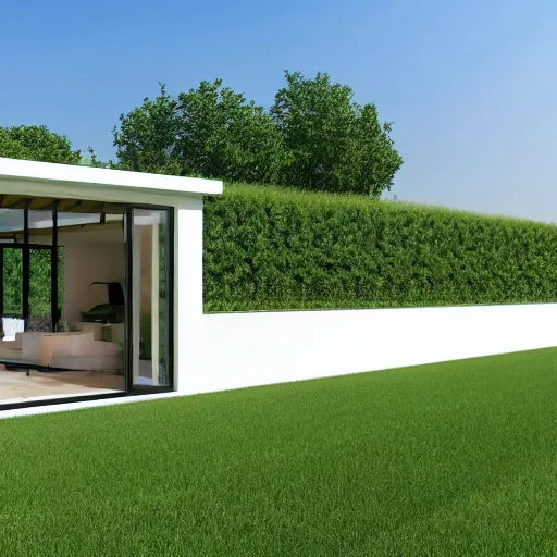 Prompt: Modern gable roofed Farmhouses villa with common open lawn, garden, white block fence, nesting glass doors, greenery growing, white plank siding, galvalume metal roofing, simple gable roofs, lush landscaping, sunny, napa,